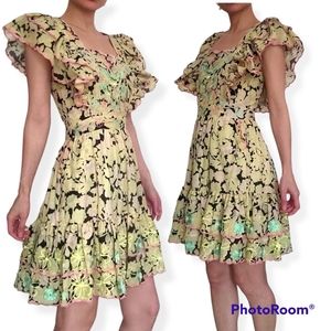 Alex Vinash New York Yellow Floral Embroidered Ruffled Tiered Mini Dress Size S